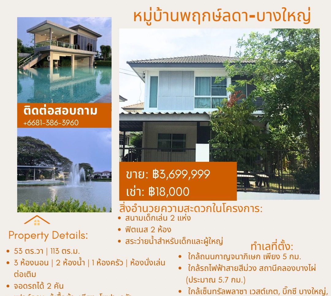 3 Bedroom House for rent at Pruklada Bangyai — photo 1